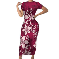 Plumeria Floral Tapa Pattern Ruby Pink Family Matching Short Sleeve Bodycon Dress and Hawaiian Shirt