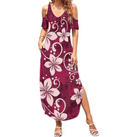 Plumeria Floral Tapa Pattern Ruby Pink Family Matching Summer Maxi Dress and Hawaiian Shirt