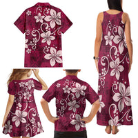 Plumeria Floral Tapa Pattern Ruby Pink Family Matching Tank Maxi Dress and Hawaiian Shirt