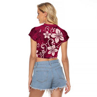 Plumeria Floral Tapa Pattern Ruby Pink Raglan Cropped T Shirt