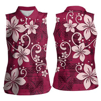 Plumeria Floral Tapa Pattern Ruby Pink Women Sleeveless Polo Shirt