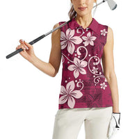 Plumeria Floral Tapa Pattern Ruby Pink Women Sleeveless Polo Shirt