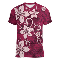 Plumeria Floral Tapa Pattern Ruby Pink Women V-Neck T-Shirt