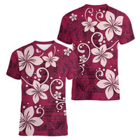 Plumeria Floral Tapa Pattern Ruby Pink Women V-Neck T-Shirt