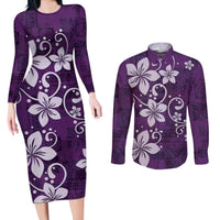 Plumeria Floral Tapa Pattern Amethyst Purple Couples Matching Long Sleeve Bodycon Dress and Long Sleeve Button Shirt