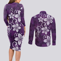 Plumeria Floral Tapa Pattern Amethyst Purple Couples Matching Long Sleeve Bodycon Dress and Long Sleeve Button Shirt