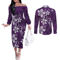 Plumeria Floral Tapa Pattern Amethyst Purple Couples Matching Off The Shoulder Long Sleeve Dress and Long Sleeve Button Shirt