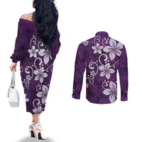 Plumeria Floral Tapa Pattern Amethyst Purple Couples Matching Off The Shoulder Long Sleeve Dress and Long Sleeve Button Shirt