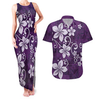 Plumeria Floral Tapa Pattern Amethyst Purple Couples Matching Tank Maxi Dress and Hawaiian Shirt