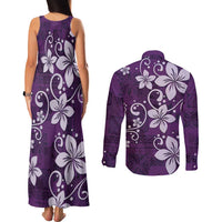 Plumeria Floral Tapa Pattern Amethyst Purple Couples Matching Tank Maxi Dress and Long Sleeve Button Shirt