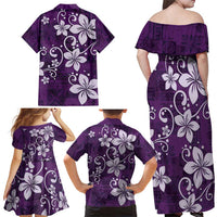 Plumeria Floral Tapa Pattern Amethyst Purple Family Matching Off Shoulder Maxi Dress and Hawaiian Shirt