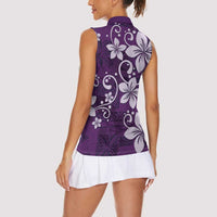 Plumeria Floral Tapa Pattern Amethyst Purple Women Sleeveless Polo Shirt