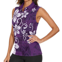 Plumeria Floral Tapa Pattern Amethyst Purple Women Sleeveless Polo Shirt