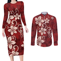 Plumeria Floral Tapa Pattern Oxblood Red Couples Matching Long Sleeve Bodycon Dress and Long Sleeve Button Shirt