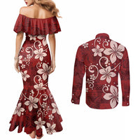 Plumeria Floral Tapa Pattern Oxblood Red Couples Matching Mermaid Dress and Long Sleeve Button Shirt