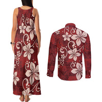Plumeria Floral Tapa Pattern Oxblood Red Couples Matching Tank Maxi Dress and Long Sleeve Button Shirt
