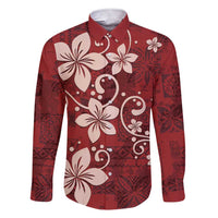 Plumeria Floral Tapa Pattern Oxblood Red Family Matching Short Sleeve Bodycon Dress and Hawaiian Shirt