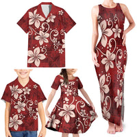 Plumeria Floral Tapa Pattern Oxblood Red Family Matching Tank Maxi Dress and Hawaiian Shirt