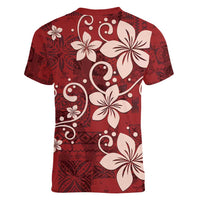Plumeria Floral Tapa Pattern Oxblood Red Women V-Neck T-Shirt