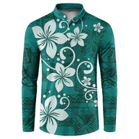 Plumeria Floral Tapa Pattern Crystal Teal Button Sweatshirt
