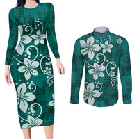 Plumeria Floral Tapa Pattern Crystal Teal Couples Matching Long Sleeve Bodycon Dress and Long Sleeve Button Shirt
