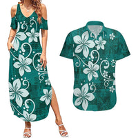 Plumeria Floral Tapa Pattern Crystal Teal Couples Matching Summer Maxi Dress and Hawaiian Shirt