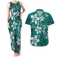 Plumeria Floral Tapa Pattern Crystal Teal Couples Matching Tank Maxi Dress and Hawaiian Shirt