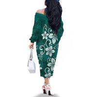 Plumeria Floral Tapa Pattern Crystal Teal Family Matching Off The Shoulder Long Sleeve Dress and Hawaiian Shirt