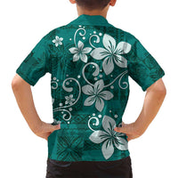 Plumeria Floral Tapa Pattern Crystal Teal Family Matching Tank Maxi Dress and Hawaiian Shirt