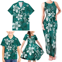 Plumeria Floral Tapa Pattern Crystal Teal Family Matching Tank Maxi Dress and Hawaiian Shirt