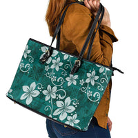 Plumeria Floral Tapa Pattern Crystal Teal Leather Tote Bag