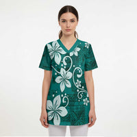 Plumeria Floral Tapa Pattern Crystal Teal Scrub Top - Polynesian Pride