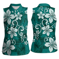 Plumeria Floral Tapa Pattern Crystal Teal Women Sleeveless Polo Shirt