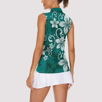 Plumeria Floral Tapa Pattern Crystal Teal Women Sleeveless Polo Shirt