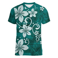 Plumeria Floral Tapa Pattern Crystal Teal Women V-Neck T-Shirt