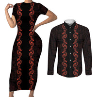 Hawaii Japan Koi Fish Red Couples Matching Short Sleeve Bodycon Dress and Long Sleeve Button Shirt Tapa Pattern - Polynesian Pride