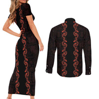Hawaii Japan Koi Fish Red Couples Matching Short Sleeve Bodycon Dress and Long Sleeve Button Shirt Tapa Pattern - Polynesian Pride