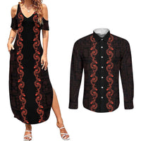 Hawaii Japan Koi Fish Red Couples Matching Summer Maxi Dress and Long Sleeve Button Shirt Tapa Pattern - Polynesian Pride