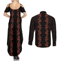 Hawaii Japan Koi Fish Red Couples Matching Summer Maxi Dress and Long Sleeve Button Shirt Tapa Pattern - Polynesian Pride