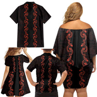 Hawaii Japan Koi Fish Red Family Matching Off Shoulder Short Dress and Hawaiian Shirt Tapa Pattern - Polynesian Pride