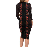 Hawaii Japan Koi Fish Red Long Sleeve Bodycon Dress Tapa Pattern - Polynesian Pride
