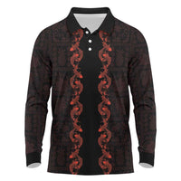 Hawaii Japan Koi Fish Red Long Sleeve Polo Shirt Tapa Pattern - Polynesian Pride