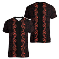 Hawaii Japan Koi Fish Red Women V-Neck T-Shirt Tapa Pattern - Polynesian Pride
