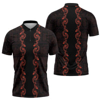 Hawaii Japan Koi Fish Red Zipper Polo Shirt Tapa Pattern - Polynesian Pride