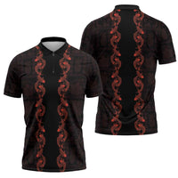 Hawaii Japan Koi Fish Red Zipper Polo Shirt Tapa Pattern - Polynesian Pride
