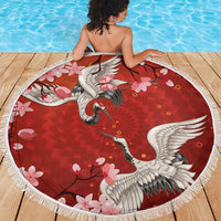Hawaii Japan Cranes Sakura Flower Red Beach Blanket Japan Heritage Spirit - Polynesian Pride
