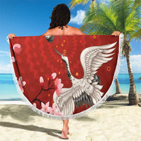 Hawaii Japan Cranes Sakura Flower Red Beach Blanket Japan Heritage Spirit - Polynesian Pride