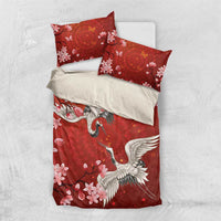 Hawaii Japan Cranes Sakura Flower Red Bedding Set Japan Heritage Spirit - Polynesian Pride