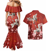 Hawaii Japan Cranes Sakura Flower Red Couples Matching Mermaid Dress and Hawaiian Shirt Japan Heritage Spirit - Polynesian Pride