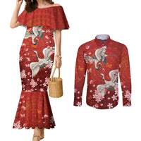 Hawaii Japan Cranes Sakura Flower Red Couples Matching Mermaid Dress and Long Sleeve Button Shirt Japan Heritage Spirit - Polynesian Pride